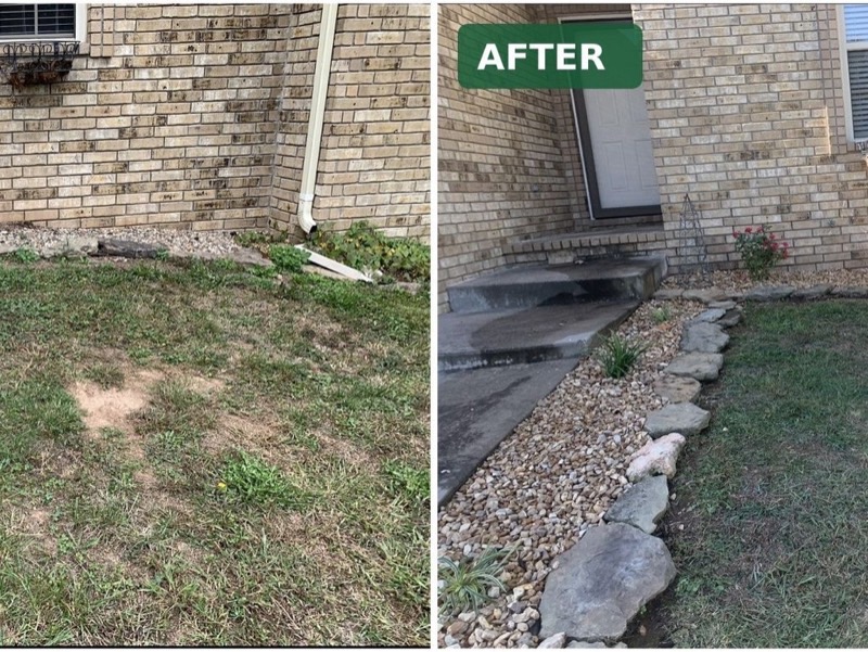 The same side yard before, patchy and bare