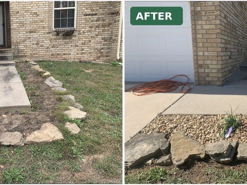 The same walkway before, worn and weedy